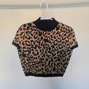DKNY Jeans Leopard Print Mock Neck Sweater XS Brown Black Short Sleeve Knit NWT